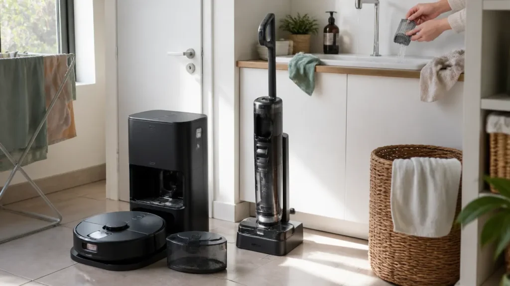 Robot laveur devant sa station ouverte à côté d’un aspirateur lessiveur sur sa base